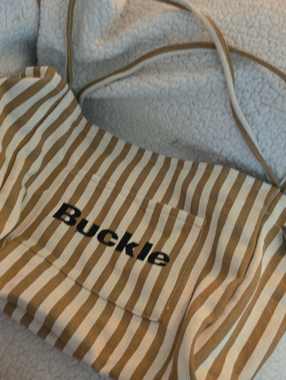 Buckle Striped Canvas Shoulder Bag - Tan & White with Black Logo